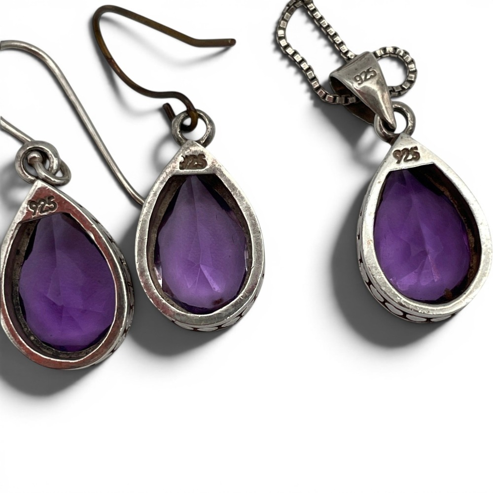 Unbranded Sterling Silver Women Amethyst Teardrop Necklace and Earrings Set 18"
